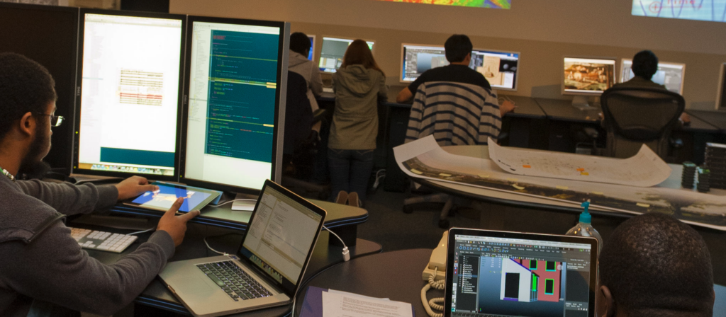 Students working in a computer lab.