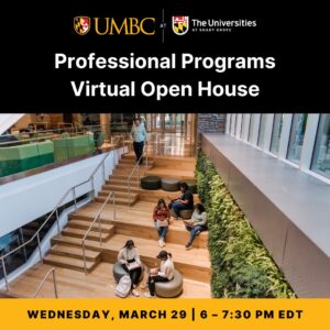 Graphic for Open House with students sitting and collaborating in The Universities at Shady Grove Biomedical Sciences and Engineering Building 