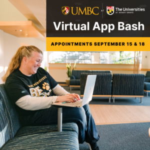 Virtual App Bash Graphic with Smiling Student at a Laptop