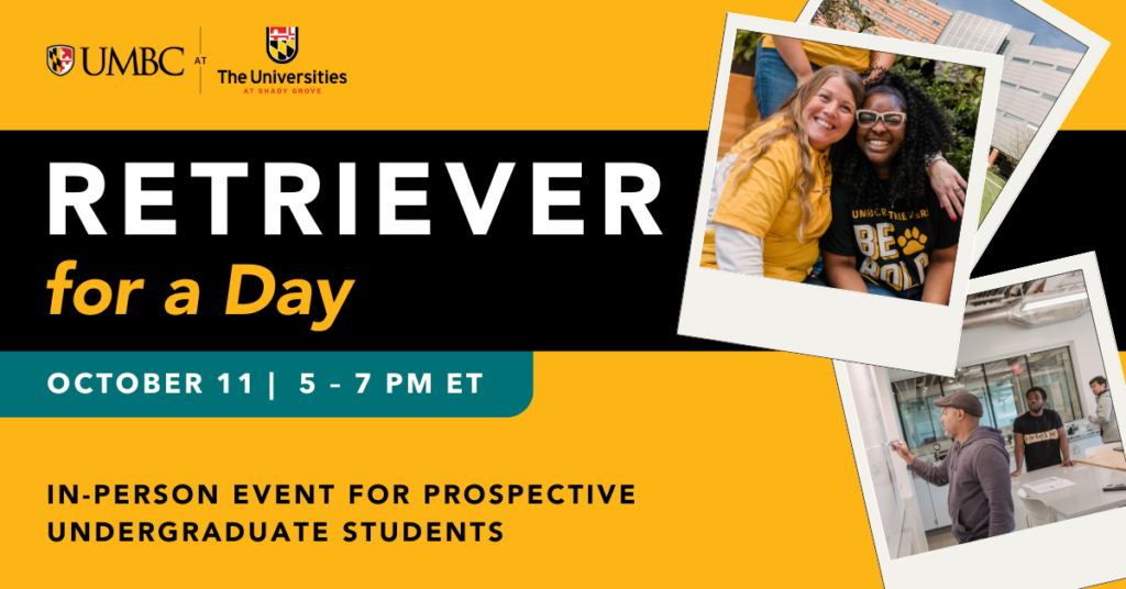 Retriever for a Day Event Graphic with polaroid-style images of campus, students, and a professor
