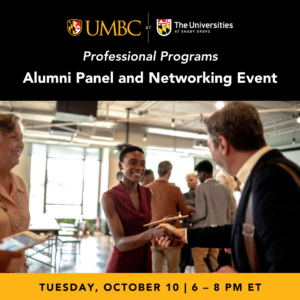 professional programs alumni panel and networking event graphic with photo of two people shaking hands