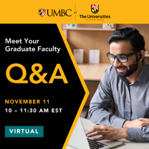 Graduate Q&A Graphic with a photo of a student on a laptop 