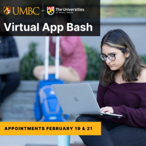 App Bash graphic with student sitting outside at USG on a laptop