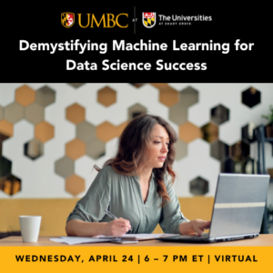 Demystifying Machine Learning for Data Science Success event graphic with image of a woman on a laptop