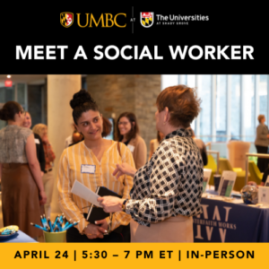 Meet a social worker event graphic with a photo of two people conversing at an event