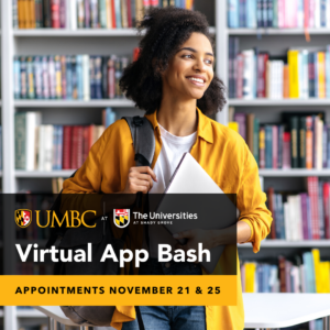 Virtual App Bash Graphic with image of a student with a backpack standing in front of a bookshelf