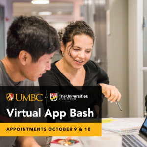 Virtual App Bash graphic with image of two students discussing something on a computer