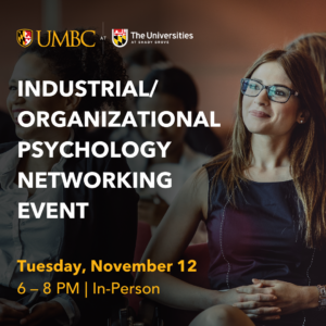 Graphic for IO Psychology Networking Event with image of person sitting with group listening attentively