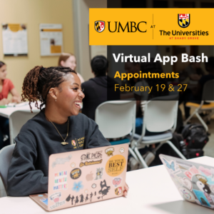 App Bash graphic with photo of smiling student on a laptop