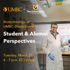 Graphic for event with image of Student showing equipment in a lab wearing a lab coat and blue gloves smiling