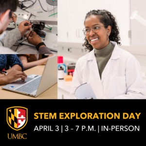 STEM Exploration Day graphic with an image of a student smiling in a lab coat, someone working on a computer, and someone tinkering with wires in a lab.