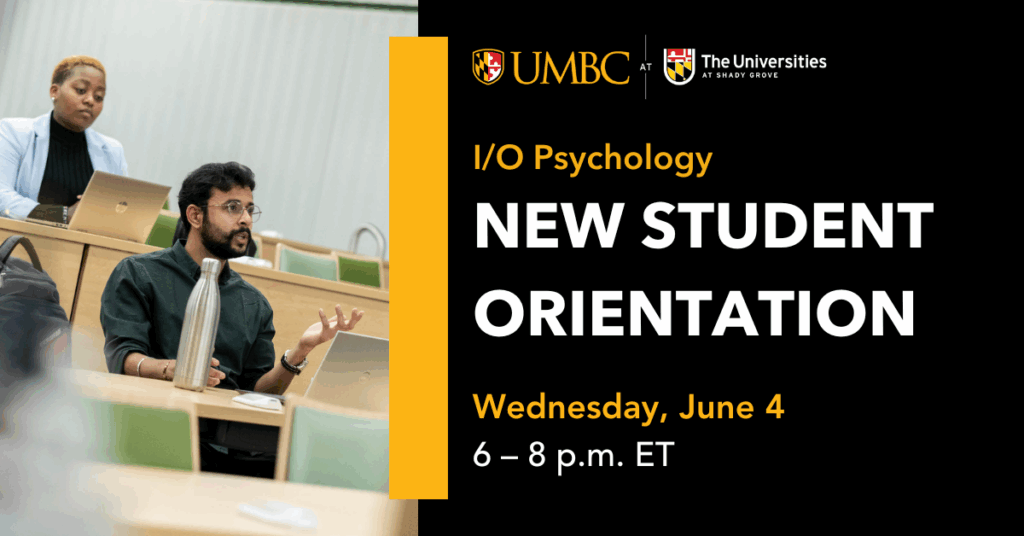 Graphic for IO Psychology Orientation with image of two students sitting in a classroom