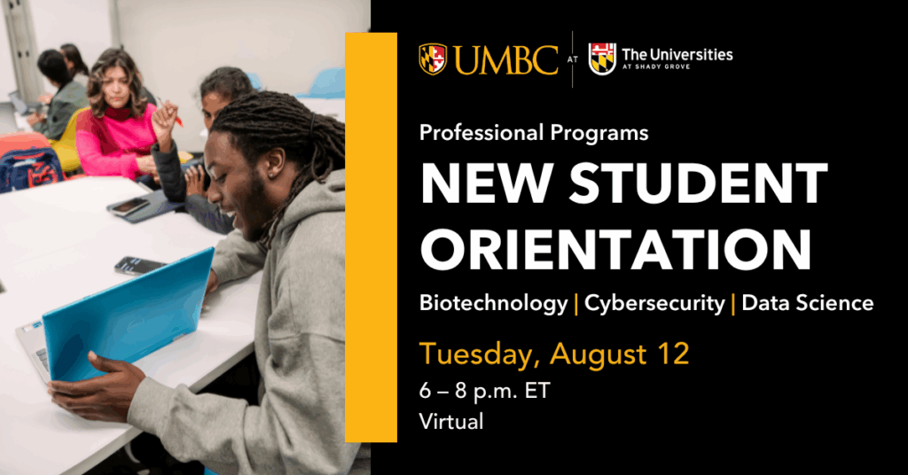 Orientation Graphic with an image of a student showing a laptop screen to others in a class