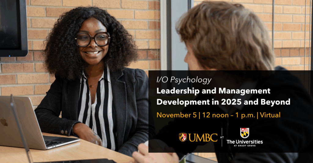 Graphic for event Leadership and Management Development in 2025 and Beyond with an image of a professional in a conference room smiling while talking to another person, both on laptops