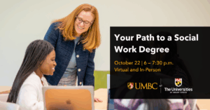 Your path to a social work degree event graphic with image of Dr. Katie Morris talking to students in a classroom