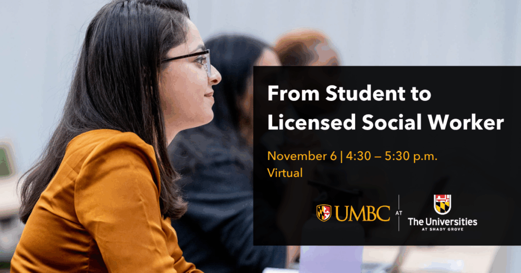 From student to licensed social worker event graphic with image of students listening attentively in a classroom
