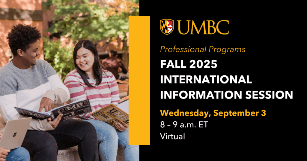 International info session graphic with image of two students talking and looking at UMBC booklets while sitting outside on campus