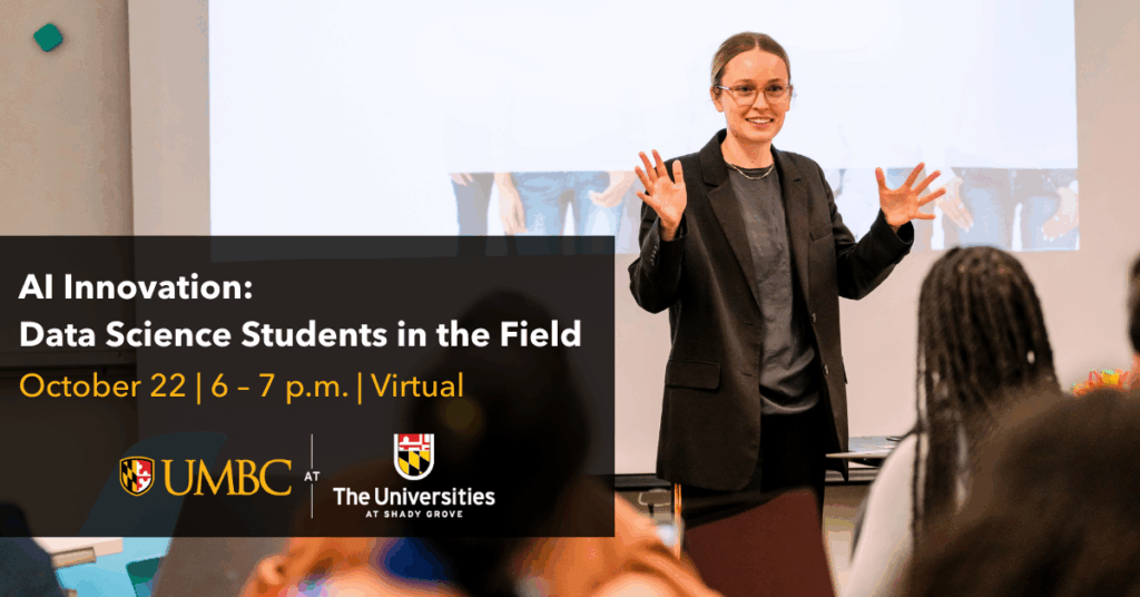 Graphic for data science event with image of person giving a presentation at the front of a classroom full of people