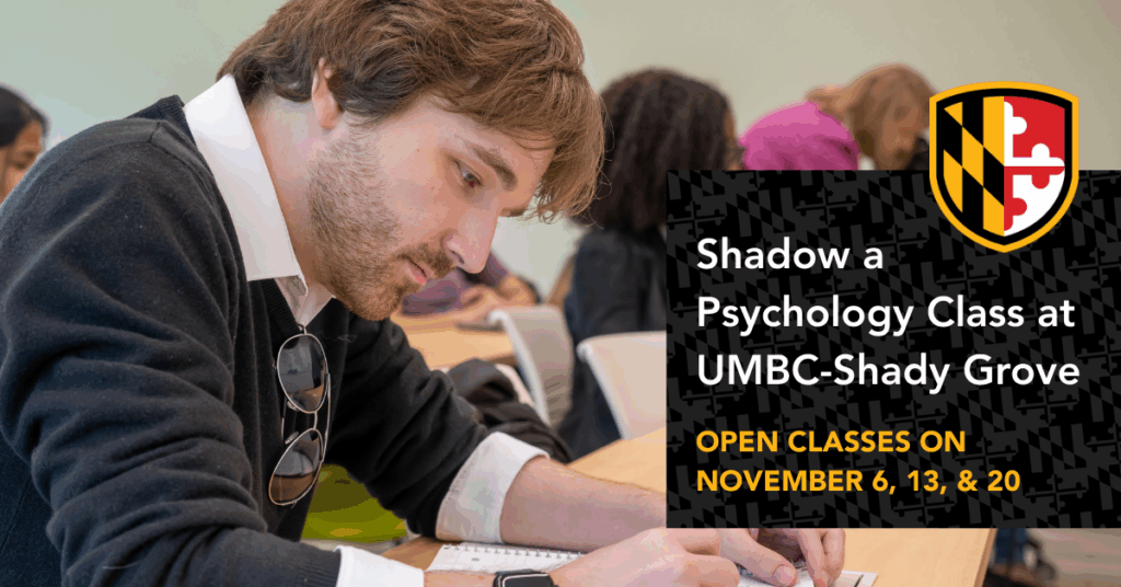 Psychology event graphic with image of student leaning over a desk writing something