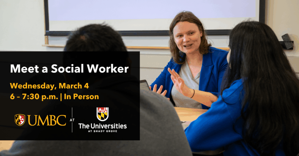 Graphic for meet a social worker event with image of two students speaking to an expressive woman with a blazer who is talking with her hands