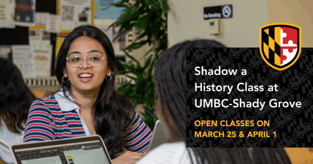 Graphic with image of student talking to another student in a cafe area while working on laptops